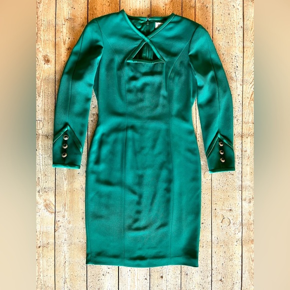 Bill Blass Vintage Emerald Green Dress with Gold Button Cuffs Size 6 - Picture 1 of 7